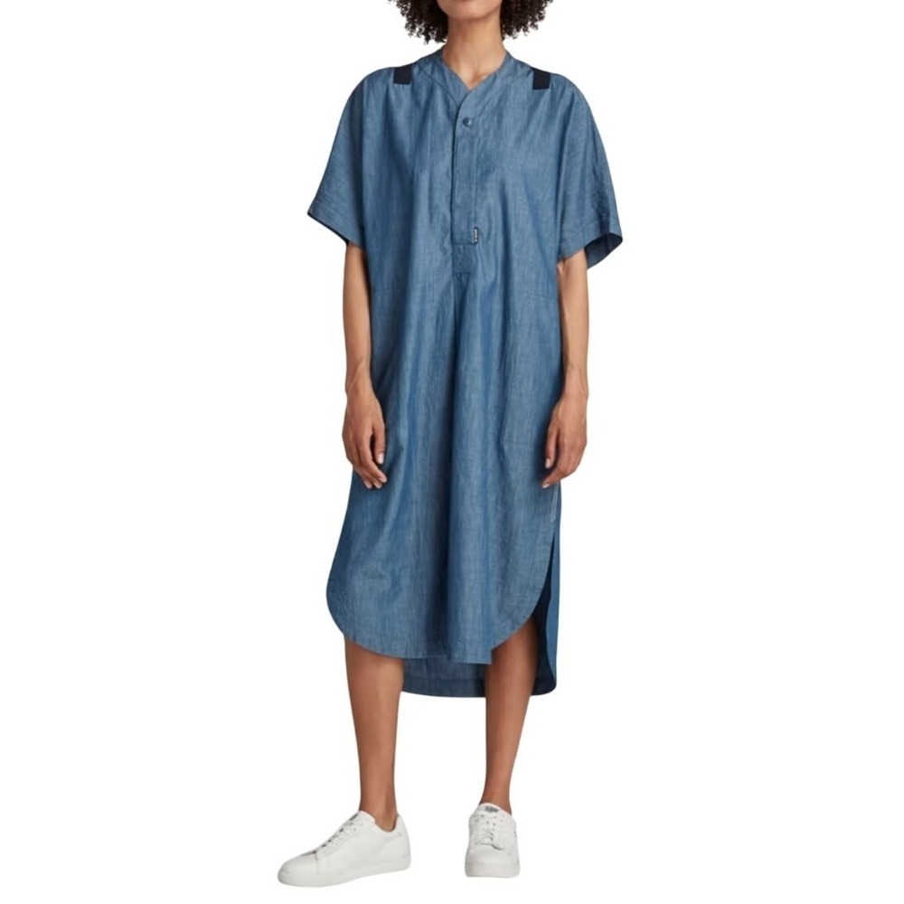 G-Star Baseball Scoop Hem Dress Womens XS Blue Chambray Relaxed Kaftan Pockets